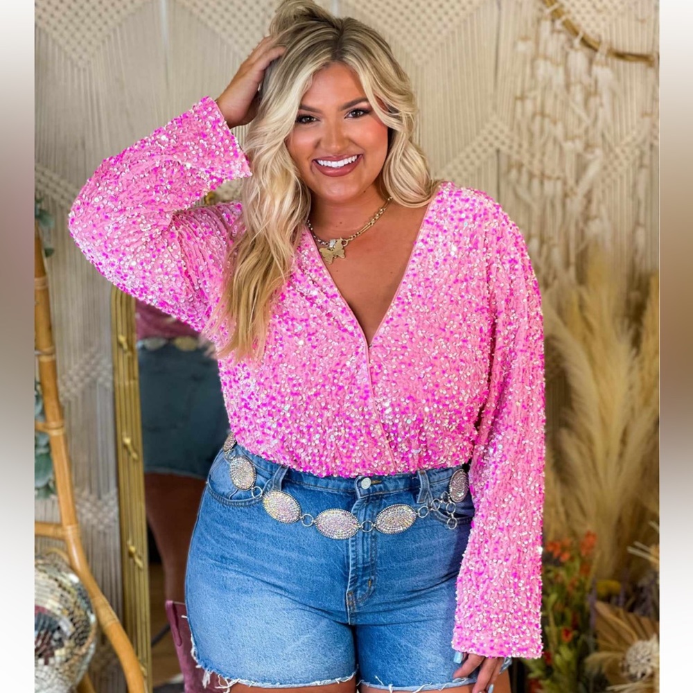 Southern Fried Chics NWOT Viva La Dolly Pink Sequin Bodysuit